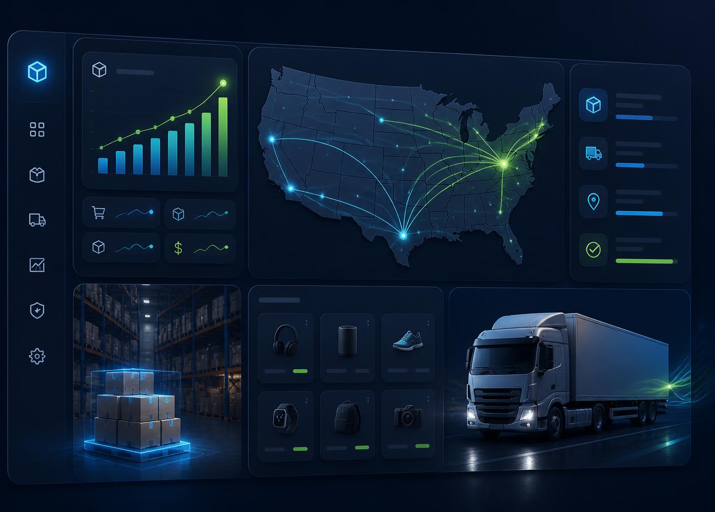 Tusar Outlet warehouse dashboard showing US shipping routes, live order analytics, and same-day fulfillment